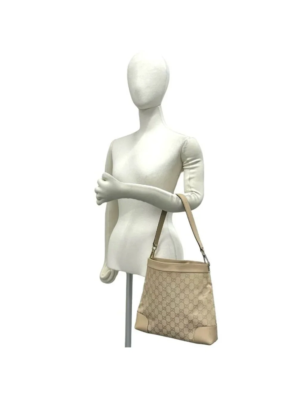 Gucci GG Canvas Pattern Leather Shoulder Bag Tote Beige